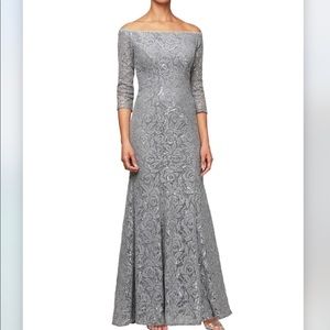 NWT Alex Evenings long Sleeve Off-the-Shoulder Lace Gown. Nickel, Size 8